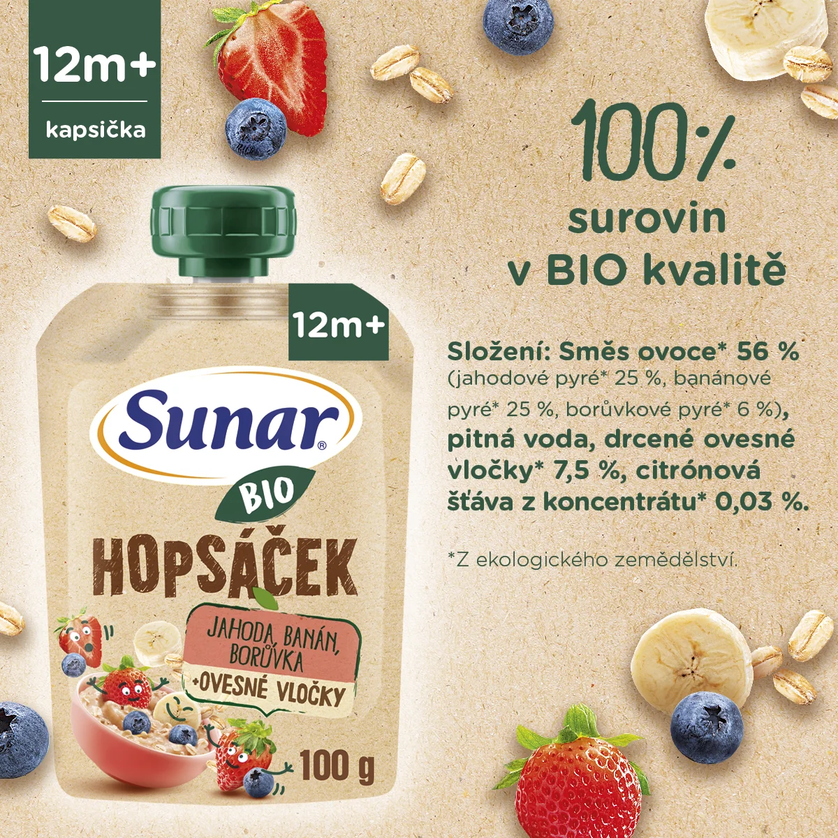 Sunar BIO Hopsáček Jahoda, banán, borůvka, oves kapsička 100 g