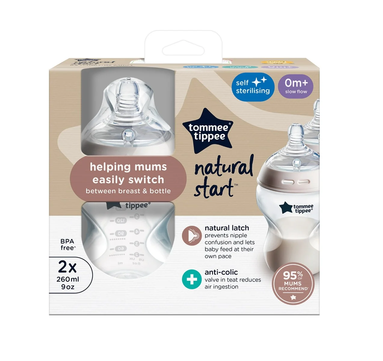 Tommee Tippee Natural Start Samosterilizační kojenecká lahev s Anti-Colic savičkou Pomalý průtok 0m+ 260 ml 2 ks