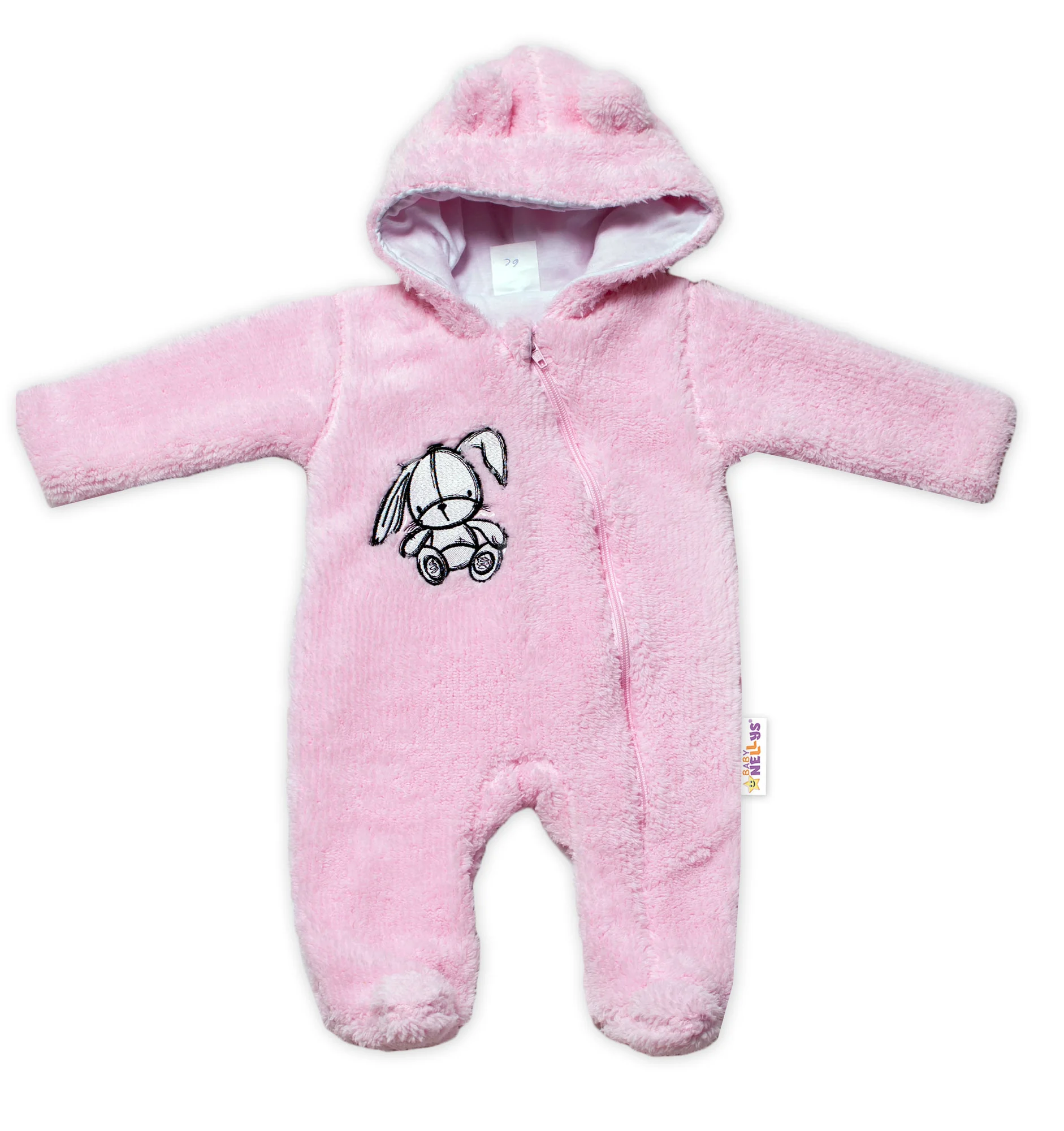 Baby Nellys Chlupáčkový overálek s kapucí, Cute Bunny - světle růžový, vel. 68 vel.  68