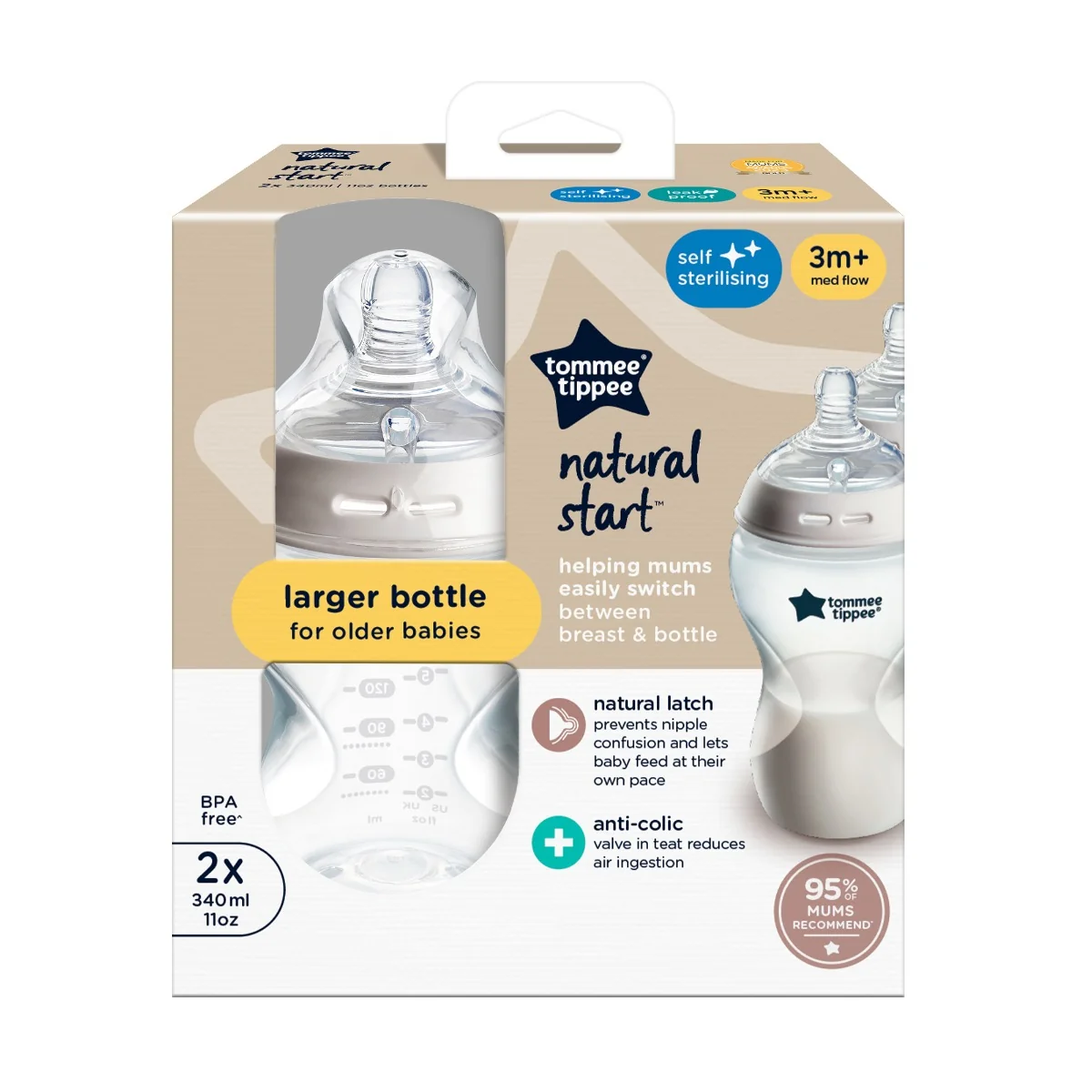 Tommee Tippee Natural Start Samosterilizační kojenecká lahev s Anti-Colic savičkou Střední průtok 3m+ 340 ml 2 ks