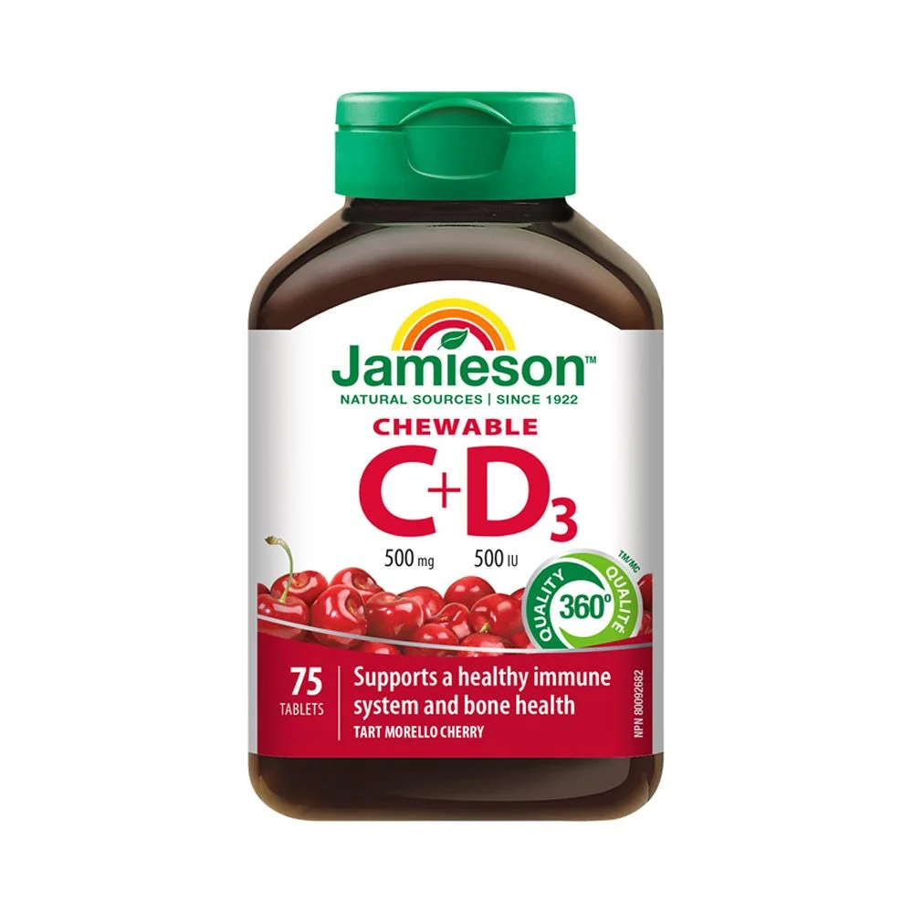 Jamieson Vitamíny C a D3 500 mg/500 IU příchuť třešeň 75 cucacích tablet