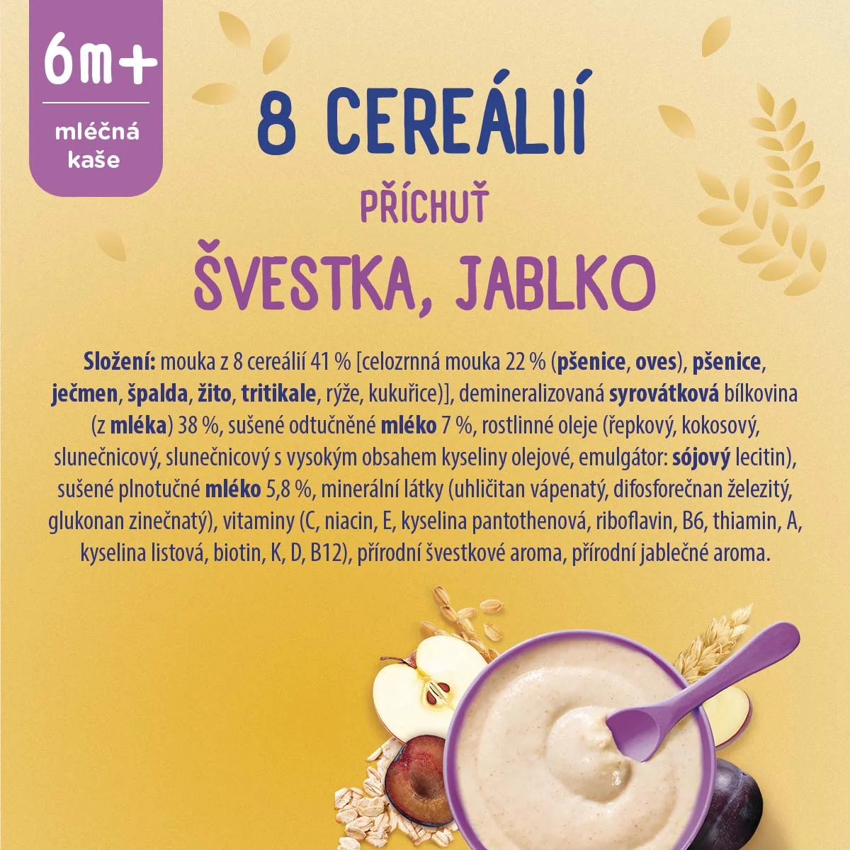 Sunar Mléčná kaše s 8 cereáliemi švestka a jablko 210 g