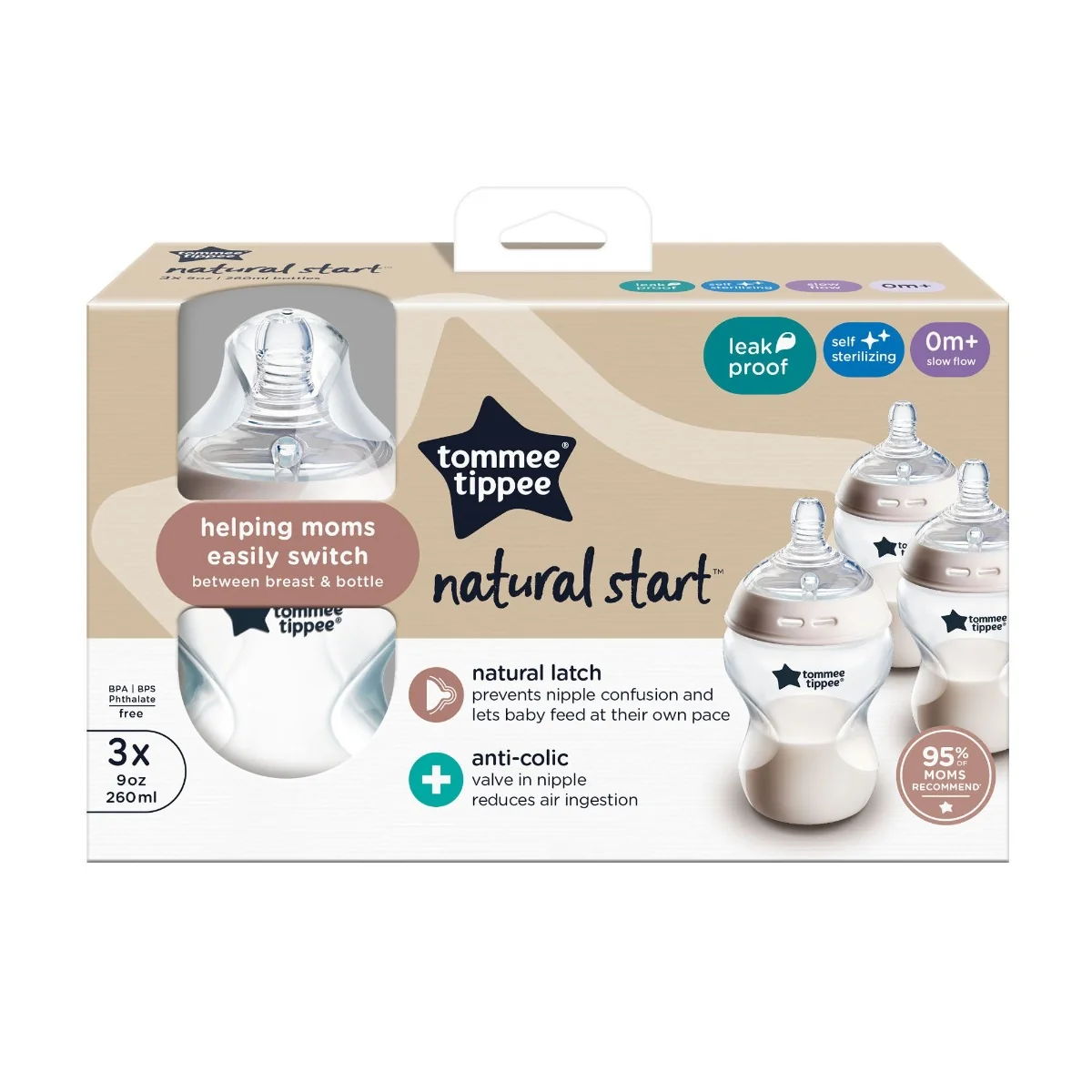 Tommee Tippee Natural Start Samosterilizační kojenecká lahev ANTI-COLIC pomalý průtok 0m+ 260 ml 3 ks