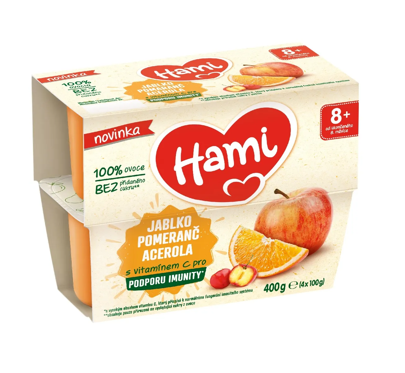 Hami 100% ovoce Jablko pomeranč a acerola 8m+ 4x100 g