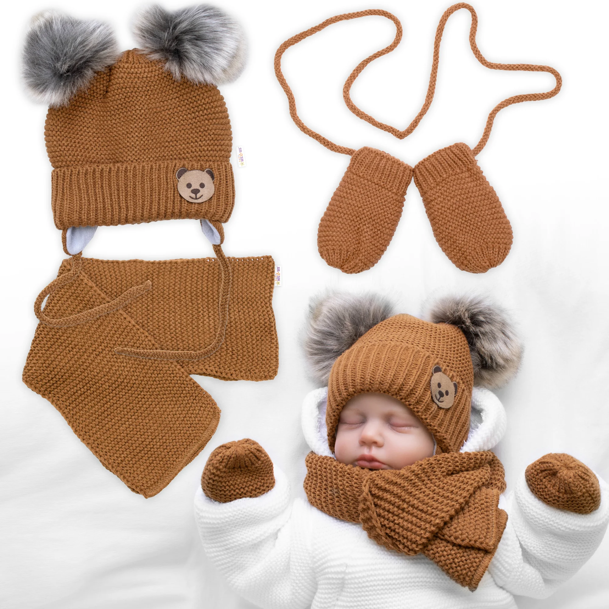 Baby Nellys Dětská sada, zimní čepice s šálou + rukavičky 3D, Teddy Bear - hnědá 