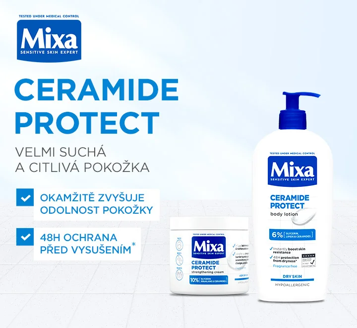 Mixa Ceramide Protect. Velmi suchá a citlivá pokožka. Okamžitě zvyšuje odolnost pokožky. 48h ochrana před vysušením.