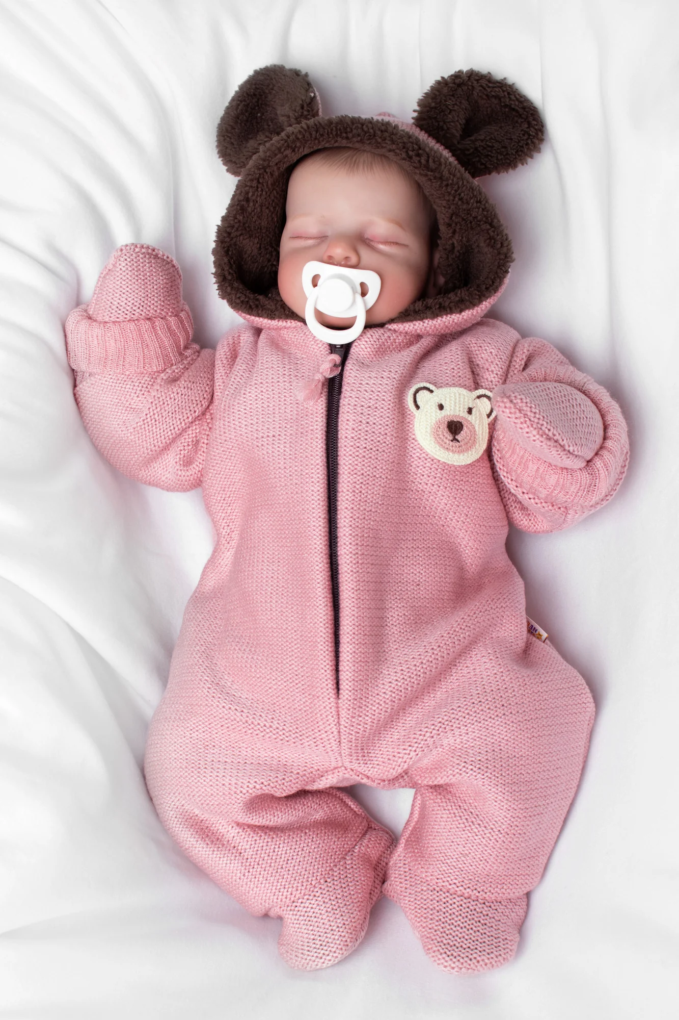 Baby Nellys Oteplená pletená kombinéza s rukavičkama Teddy Bear, dvouvrstvá,růžová,vel.62 