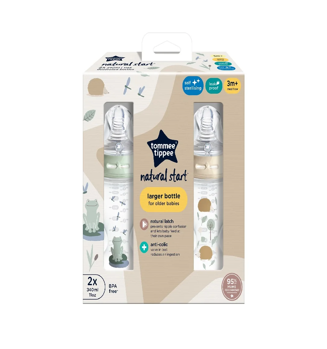 Tommee Tippee Natural Start Samosterilizační kojenecká lahev s Anti-colic savičkou Střední průtok 3m+ 340 ml 2 ks ježek