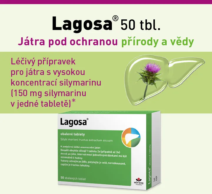 Lagosa 50 obalených tablet. Léčivý přípravek pro játra s vysokou koncentrací silymarinu (150 mg v jedné tabletě).