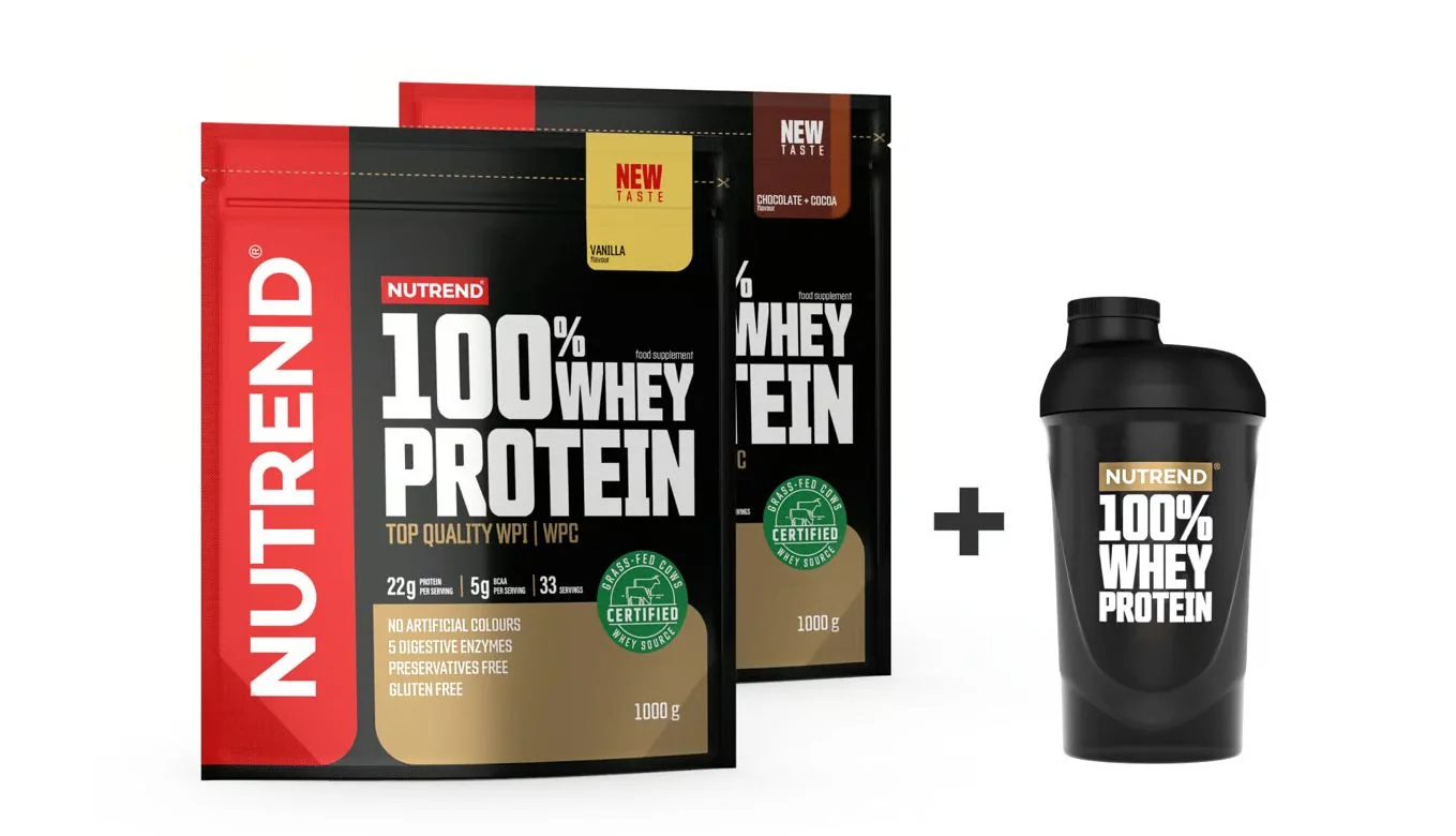 Nutrend 100% Whey Protein čokoláda + vanilka dárkové balení 2x1000 g + shaker