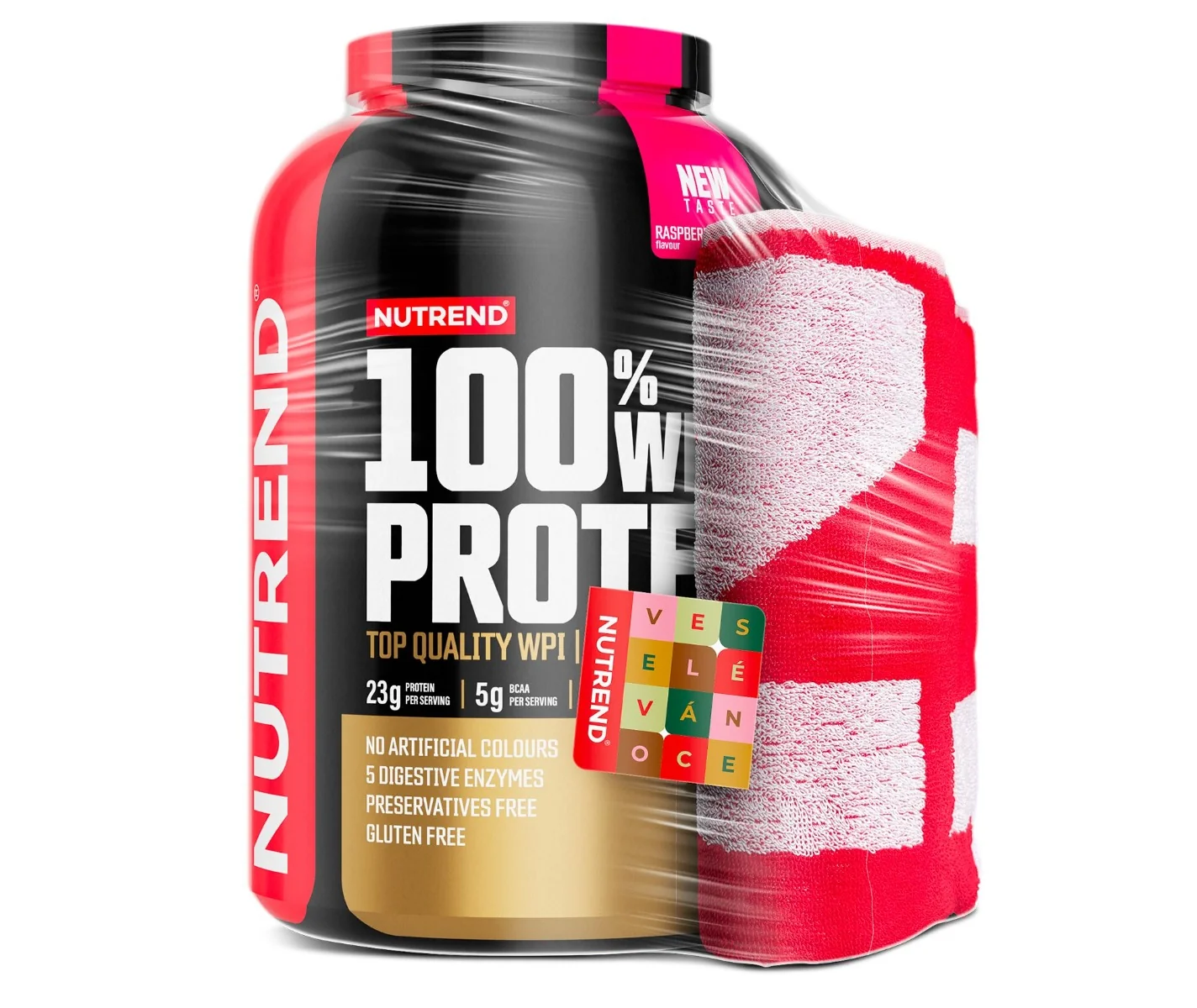 Nutrend 100% Whey Protein malina dárková sada 2250 g + ručník