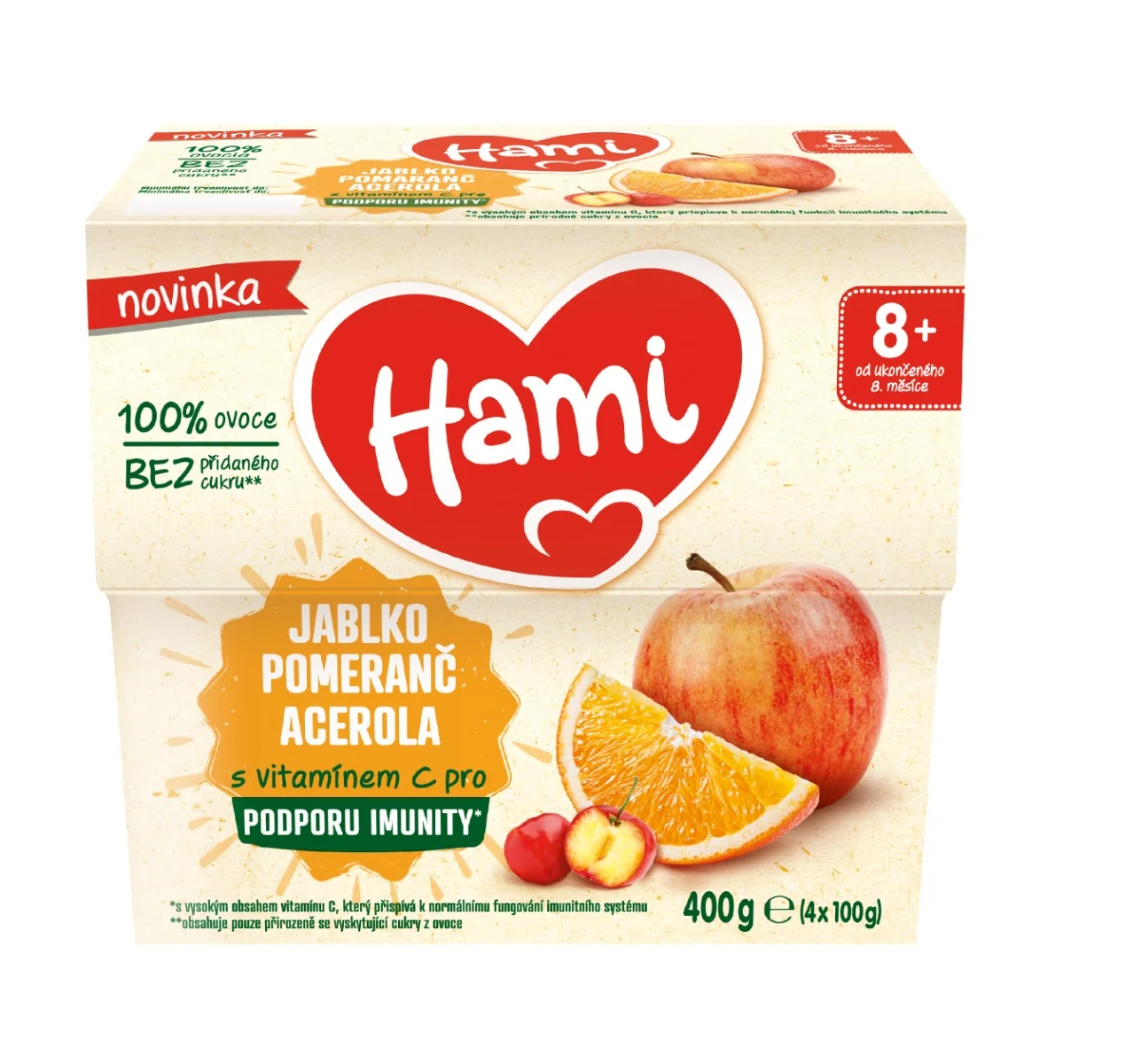 Hami 100% ovoce Jablko pomeranč a acerola 8m+ 4x100 g