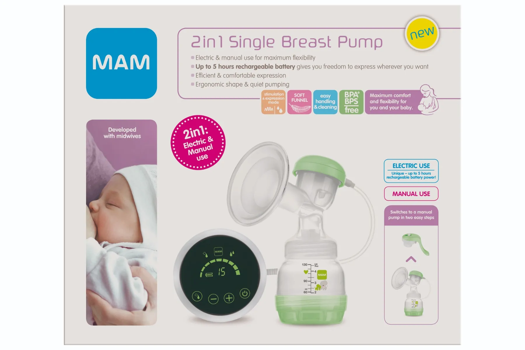 MAM 2v1 Odsávačka mateřského mléka elektrická a manuální 