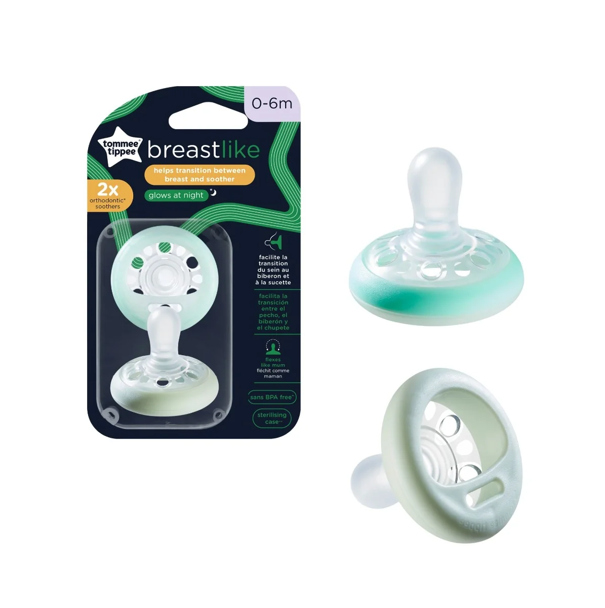 Tommee Tippee Dudlík Breast-like Night zelená 0-6m 2 ks