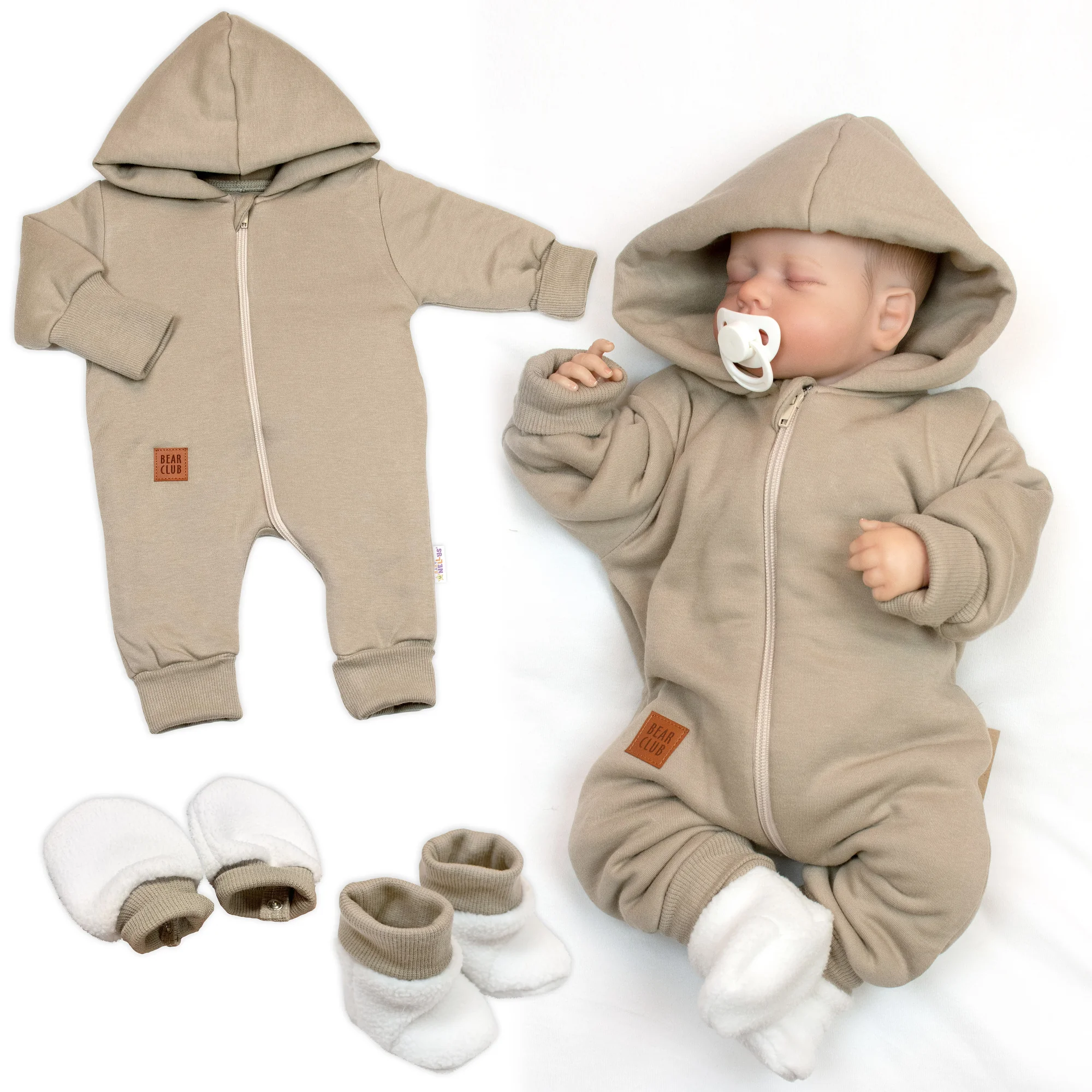 Baby Nellys 3D sada Nature, overal, botky, rukavičky - taupe, vel. 62 